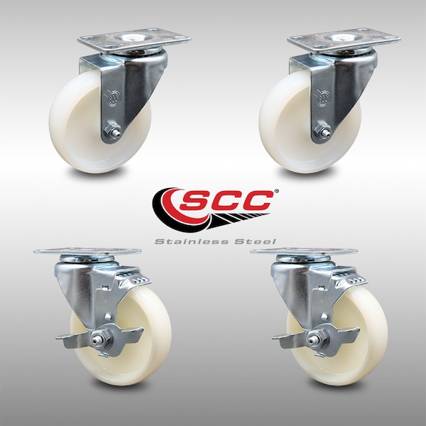 4 Inch SS Nylon Wheel Swivel Top Plate Caster Set with 2 Brakes
